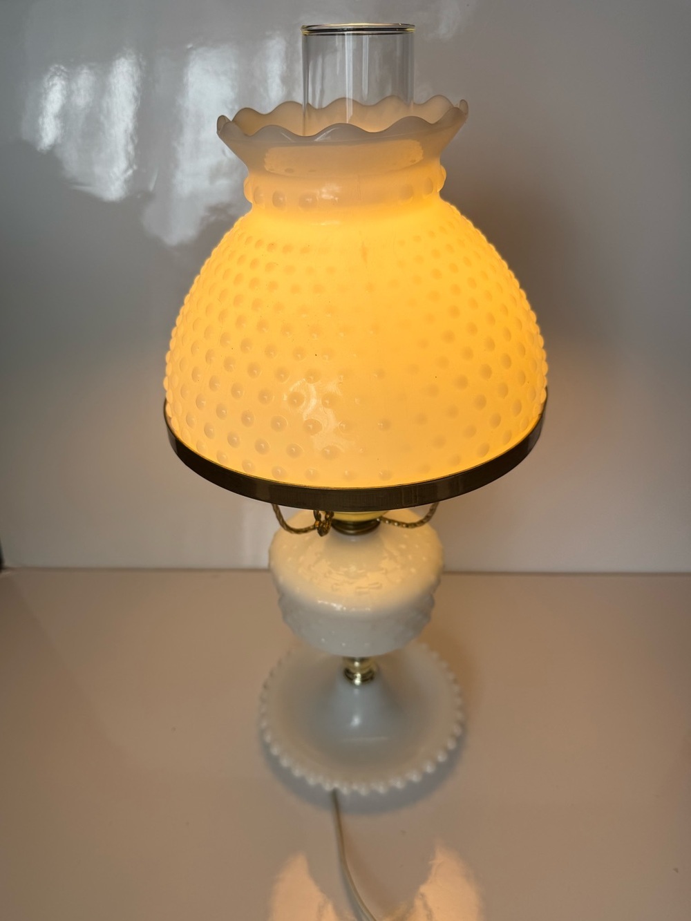 Vintage Hobnail Milk Glass Hurricane Lamp Works Great 18”